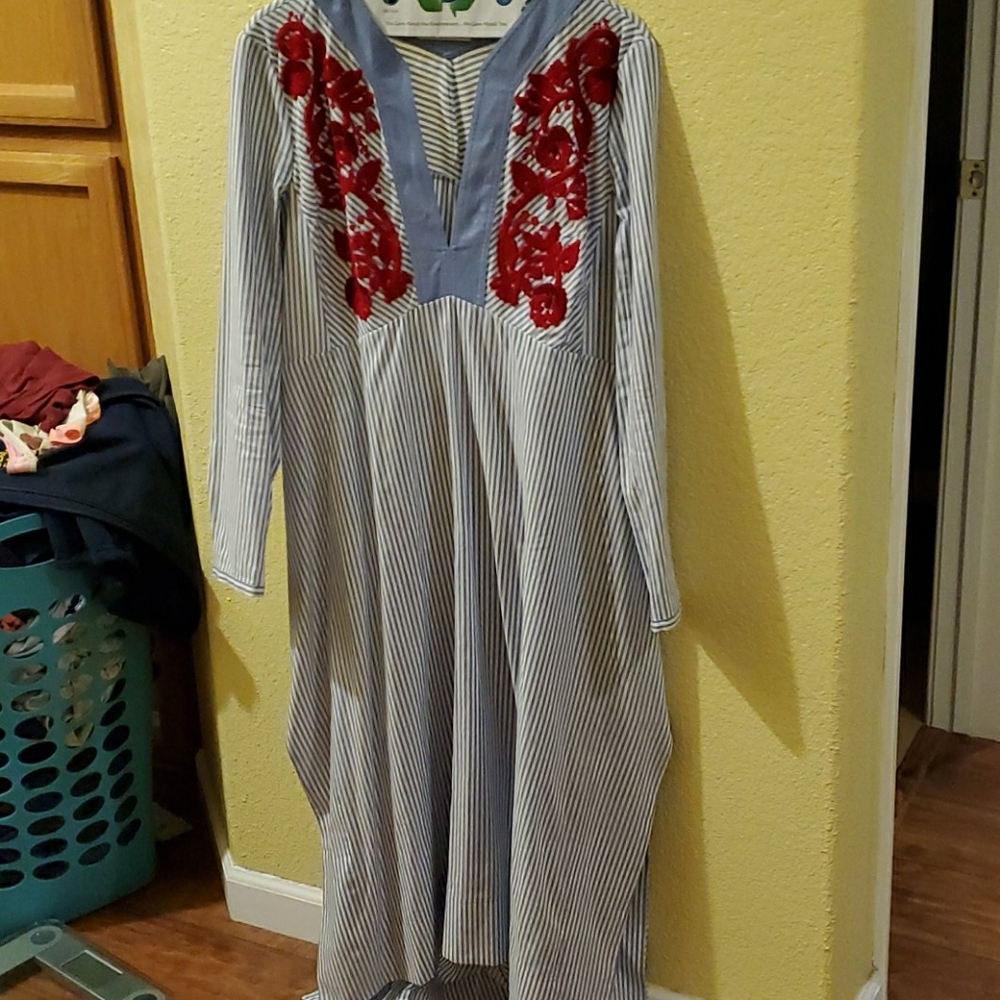 Tory Burch pinstripe caftan with embroidery